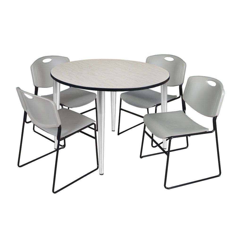 48 in. Round Breakroom Table- Maple Top, Chrome Base & 4 Zeng Stack Chairs- Grey. Picture 1