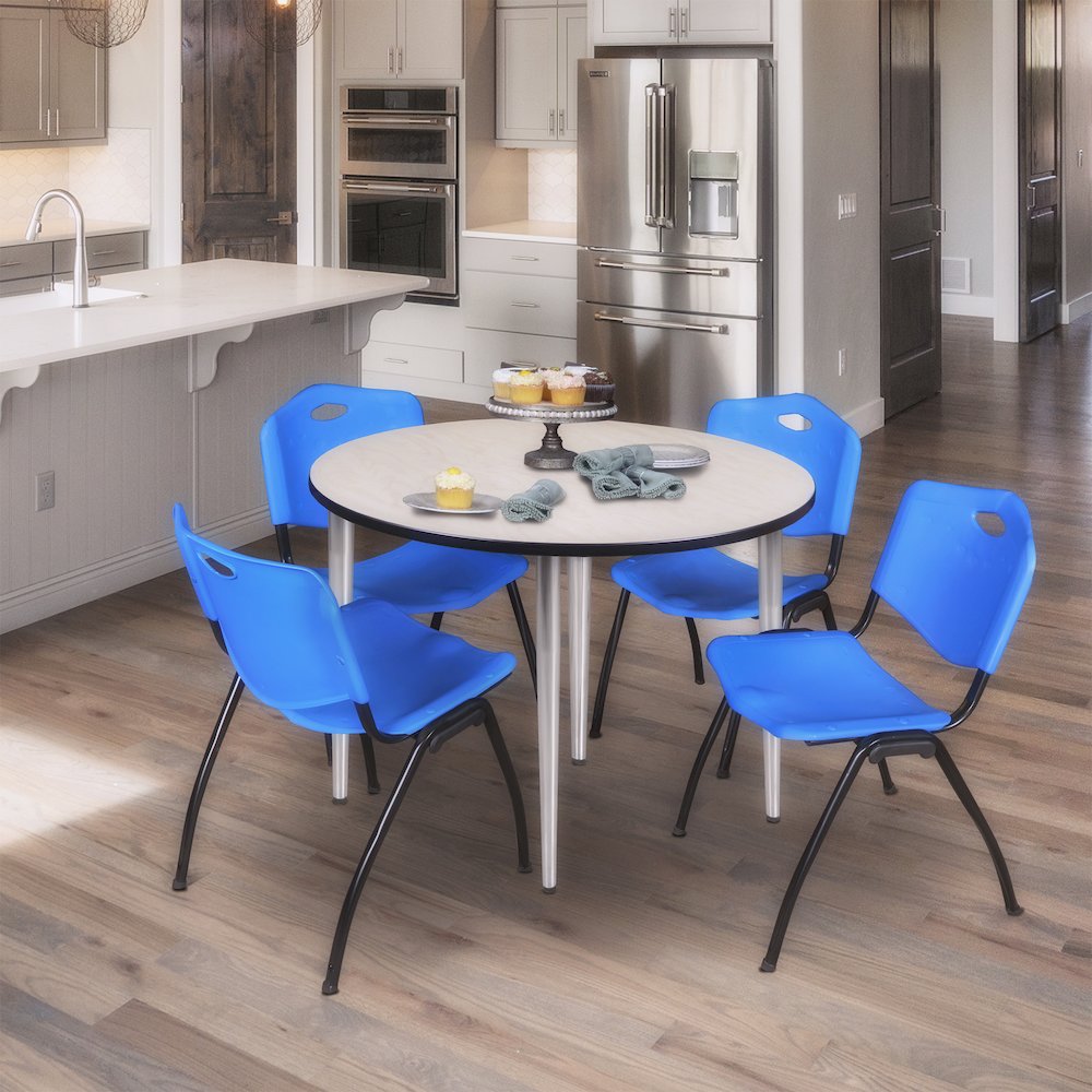 48 in. Round Breakroom Table- Maple Top, Chrome Base & 4 M Stack Chairs- Blue. Picture 8