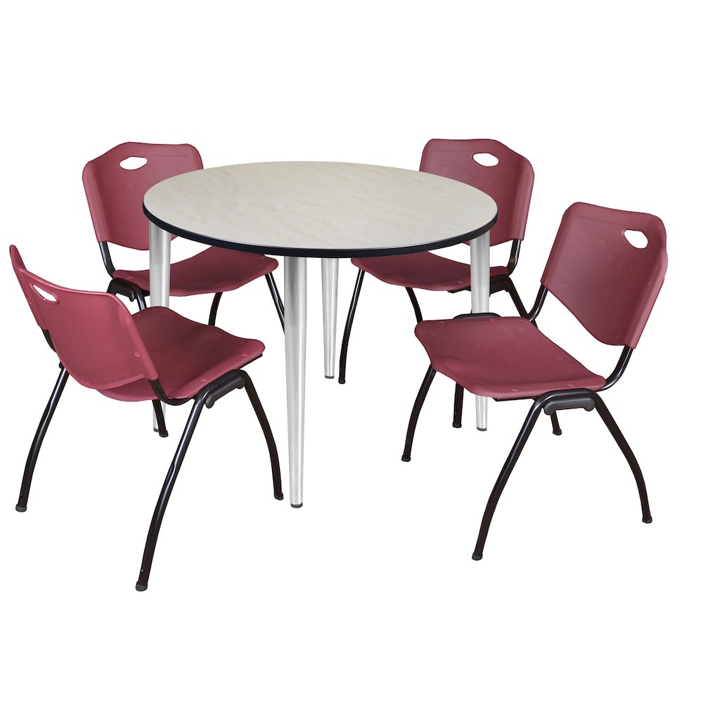 48 Round Breakroom Table- Maple Top, Chrome Base & 4 M Stack Chairs- Burgundy. Picture 1