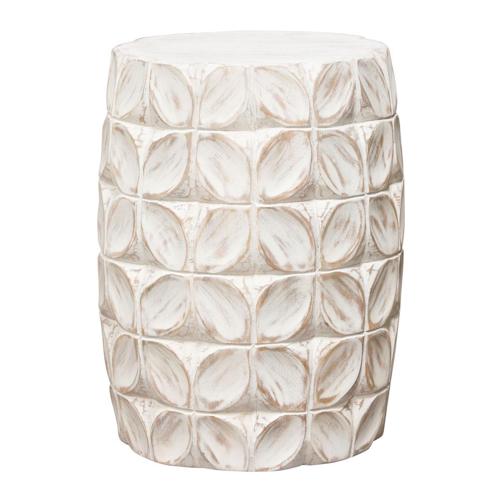 Fig Solid Mango Wood Accent Table in Distressed White Finish w/ Leaf Motif. Picture 1