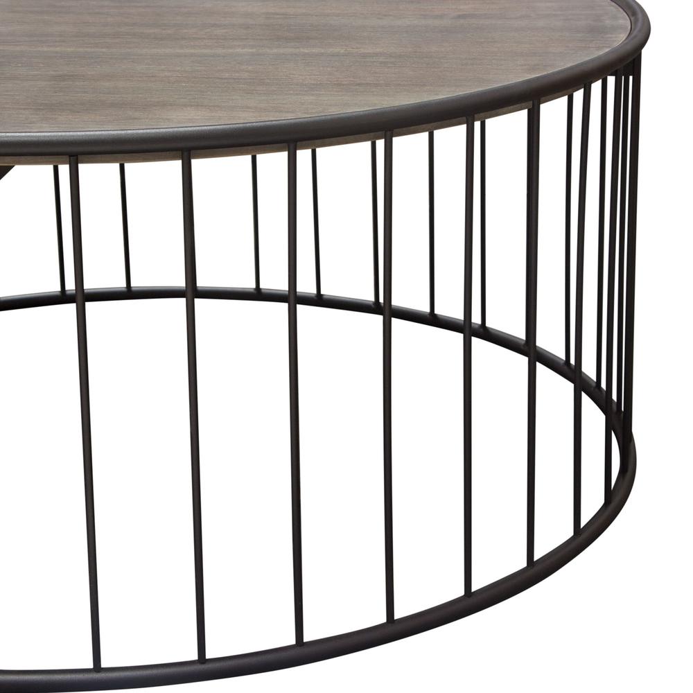 Gibson 38" Round Cocktail Table with Grey Oak Finished Top and Metal Base. Picture 15