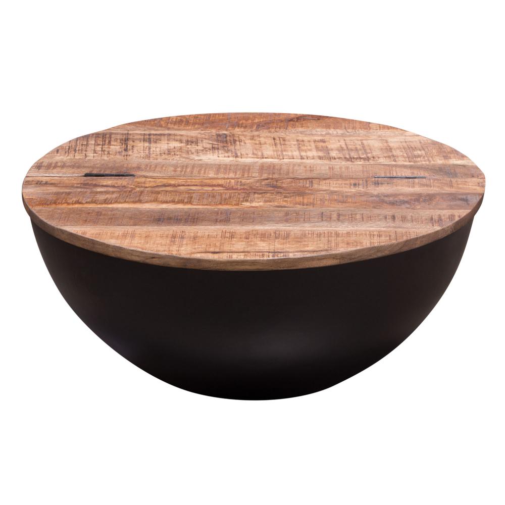 Salem Round Drum Storage Cocktail Table w/ Natural Mango Wood Top & Black Metal Base. Picture 1