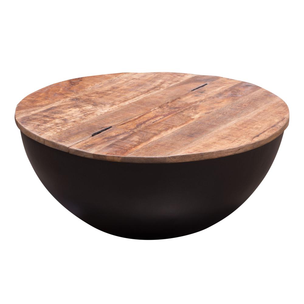 Salem Round Drum Storage Cocktail Table w/ Natural Mango Wood Top & Black Metal Base. Picture 25