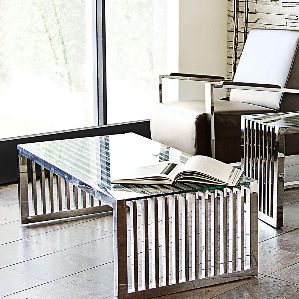 SOHO Rectangular Stainless Steel Cocktail Table w/ Clear, Tempered Glass Top. Picture 11