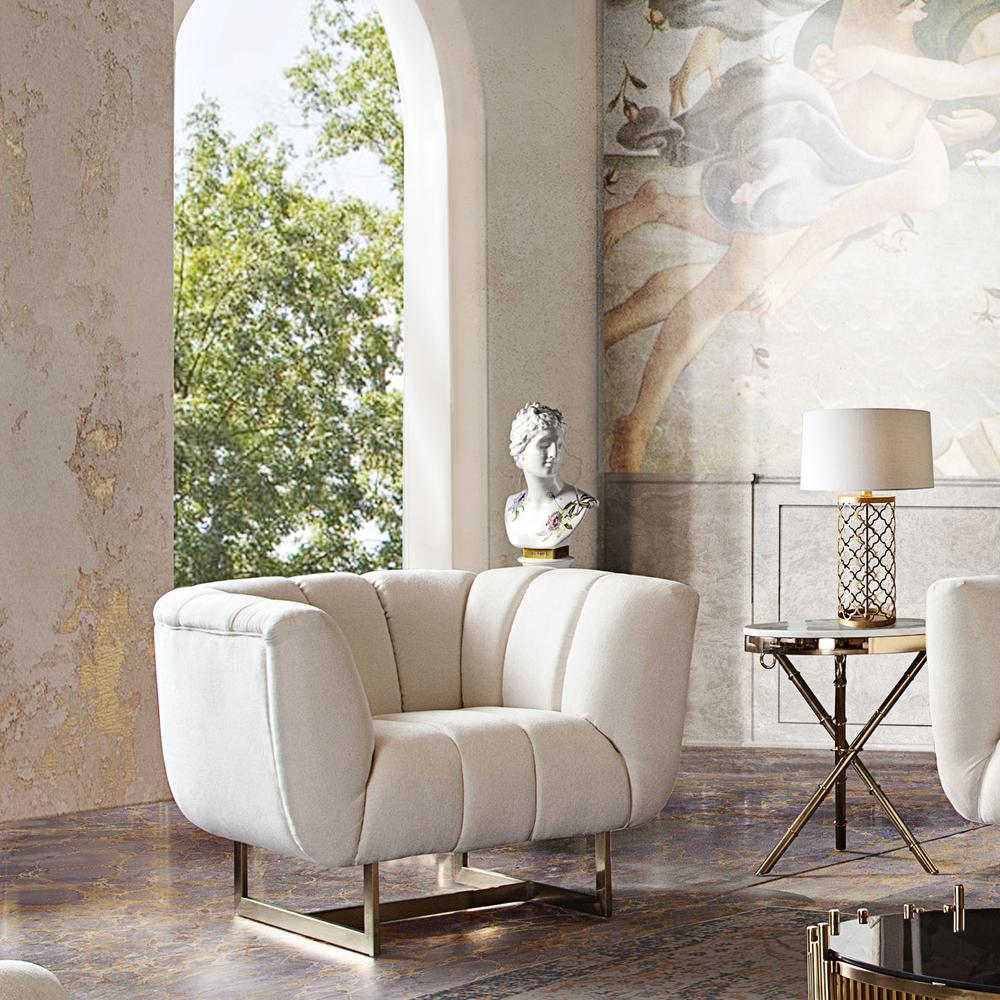 Venus Cream Fabric Chair w/ Contrasting Pillows & Gold Finished Metal Base. Picture 15