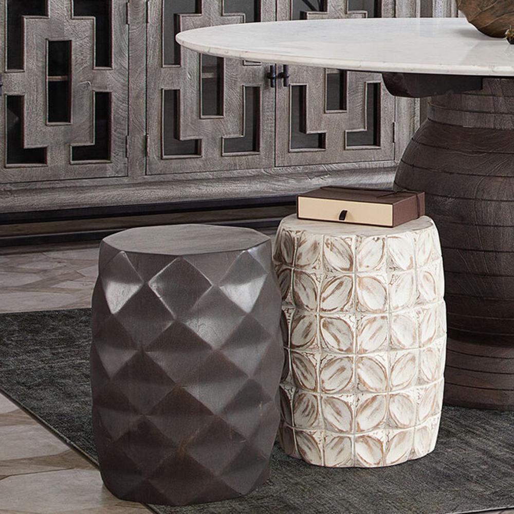 Fig Solid Mango Wood Accent Table in Distressed White Finish w/ Leaf Motif. Picture 7