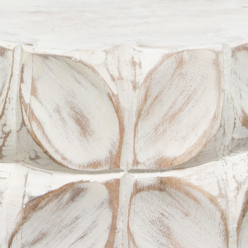 Fig Solid Mango Wood Accent Table in Distressed White Finish w/ Leaf Motif. Picture 3
