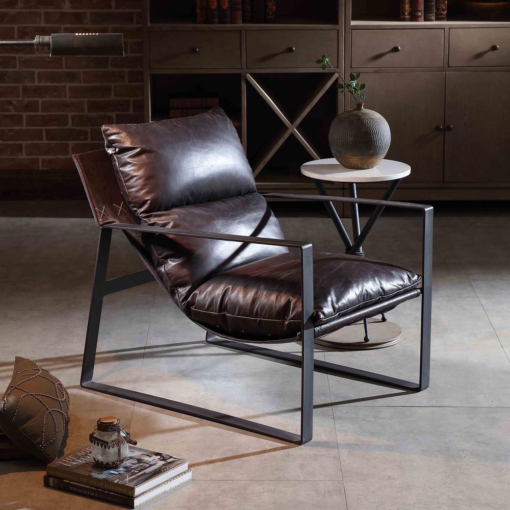 Miller Sling Accent Chair in Genuine Chocolate Leather w/ Black Powder Coated Metal Frame by Diamond Sofa. Picture 15