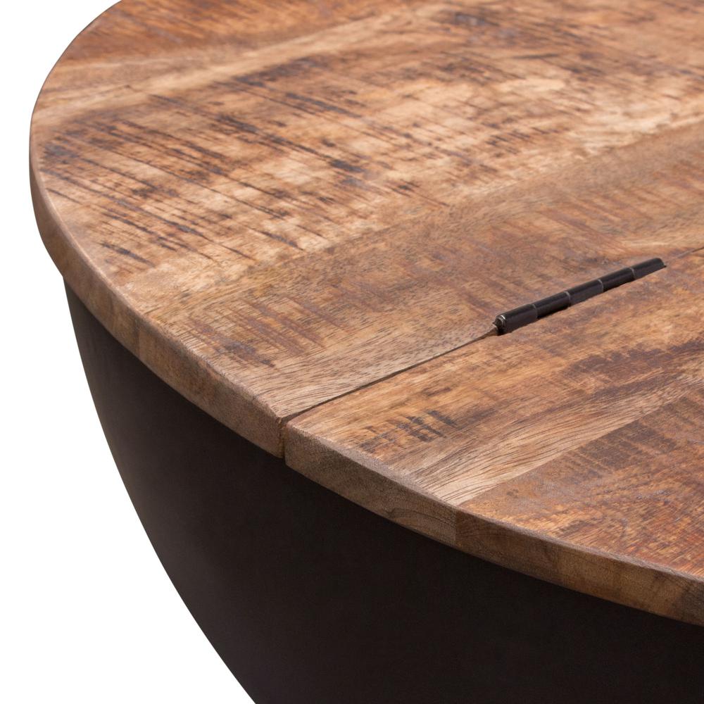 Salem Round Drum Storage Cocktail Table w/ Natural Mango Wood Top & Black Metal Base. Picture 5