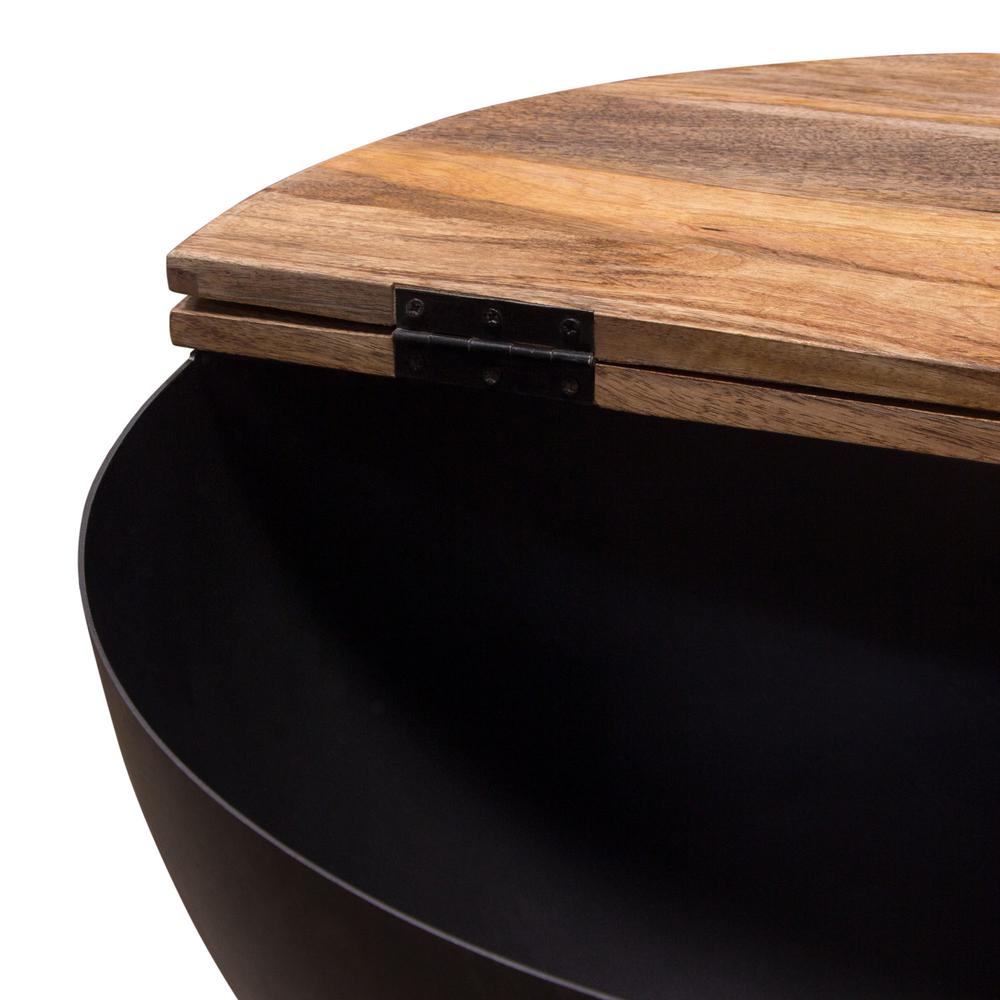 Salem Round Drum Storage Cocktail Table w/ Natural Mango Wood Top & Black Metal Base. Picture 6
