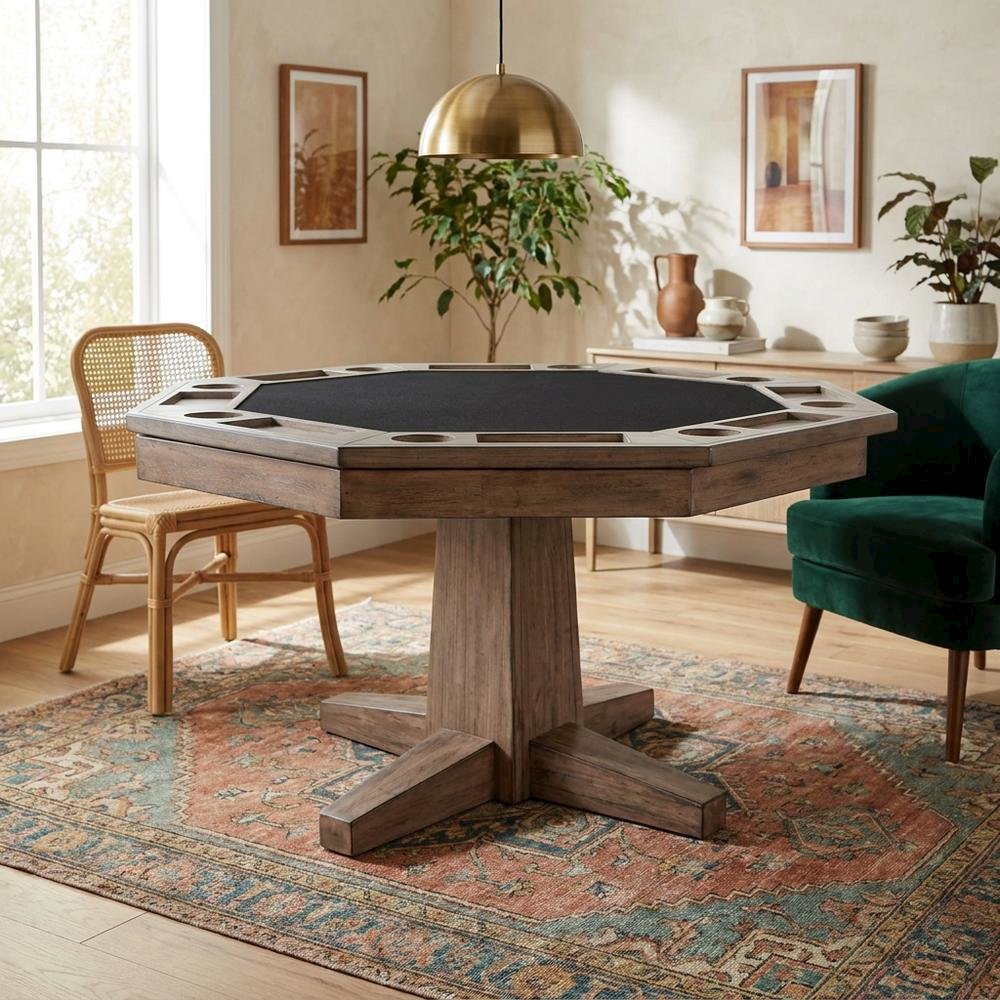 Solid Wood Game Table, Round Poker Table with Convertible Dining Surface. Picture 2
