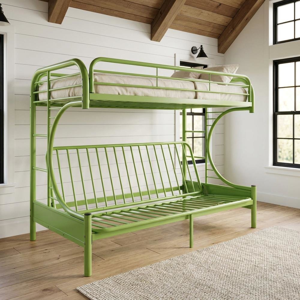 Metal Futon Bunk Bed Twin over Full, Kids Bunkbed with Bottom Futon Combo, Green. Picture 2