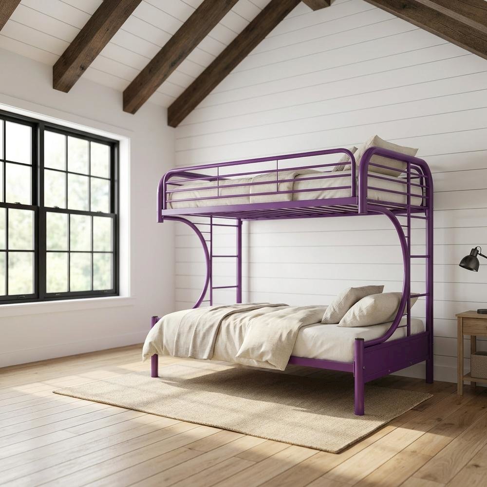 Metal Futon Bunk Bed Twin over Full, Kids Bunkbed, Purple. Picture 2