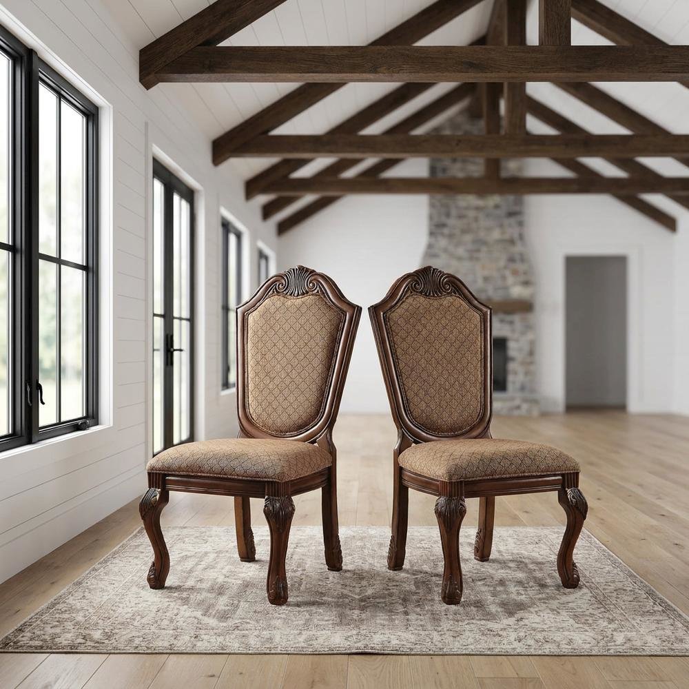 Fabric-Upholstered Rubber Wood Armless Side Chair, Fabric & Cherry, Set of 2. Picture 3