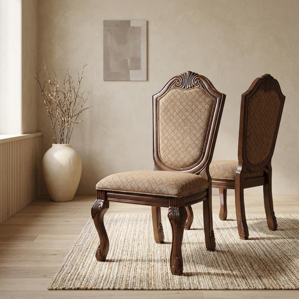 Fabric-Upholstered Rubber Wood Armless Side Chair, Fabric & Cherry, Set of 2. Picture 4