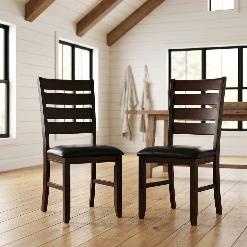 Faux Leather Wood Dining Chair, Black Synthetic Leather & Cherry, Set of 2. Picture 3