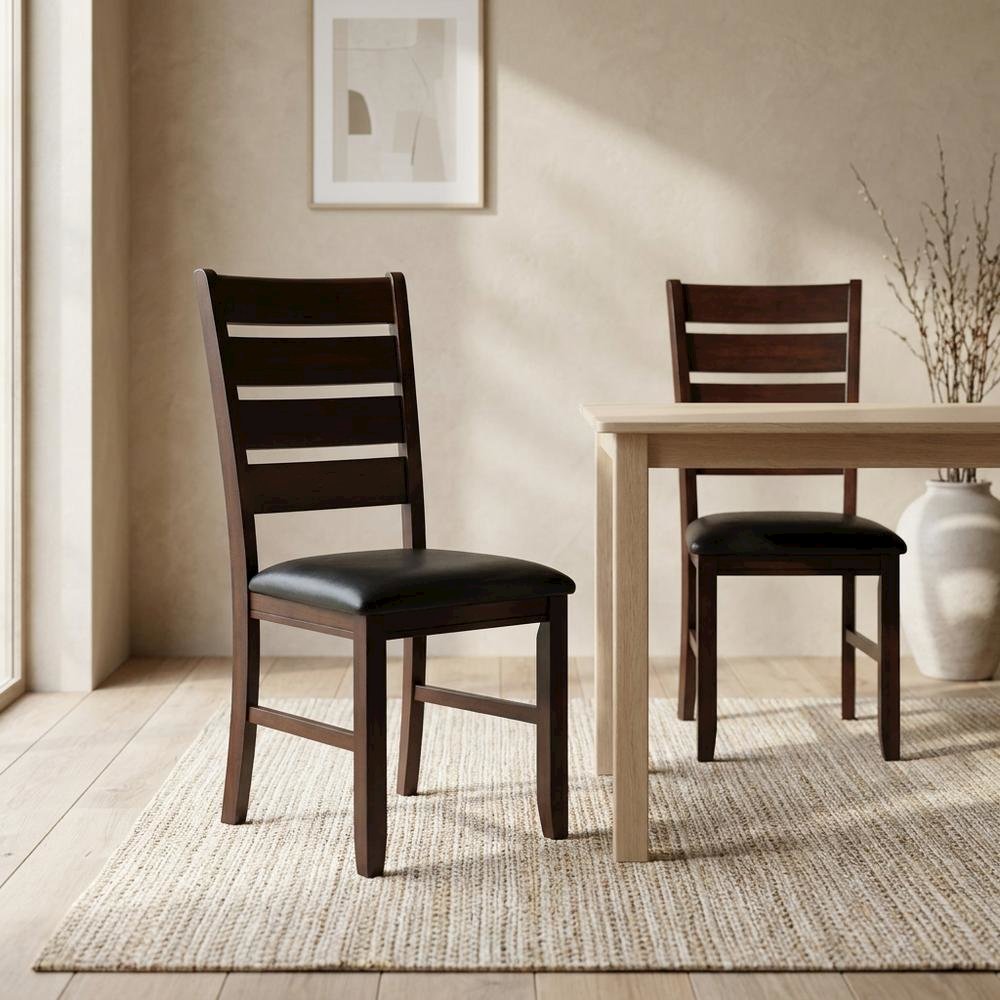 Faux Leather Wood Dining Chair, Black Synthetic Leather & Cherry, Set of 2. Picture 4