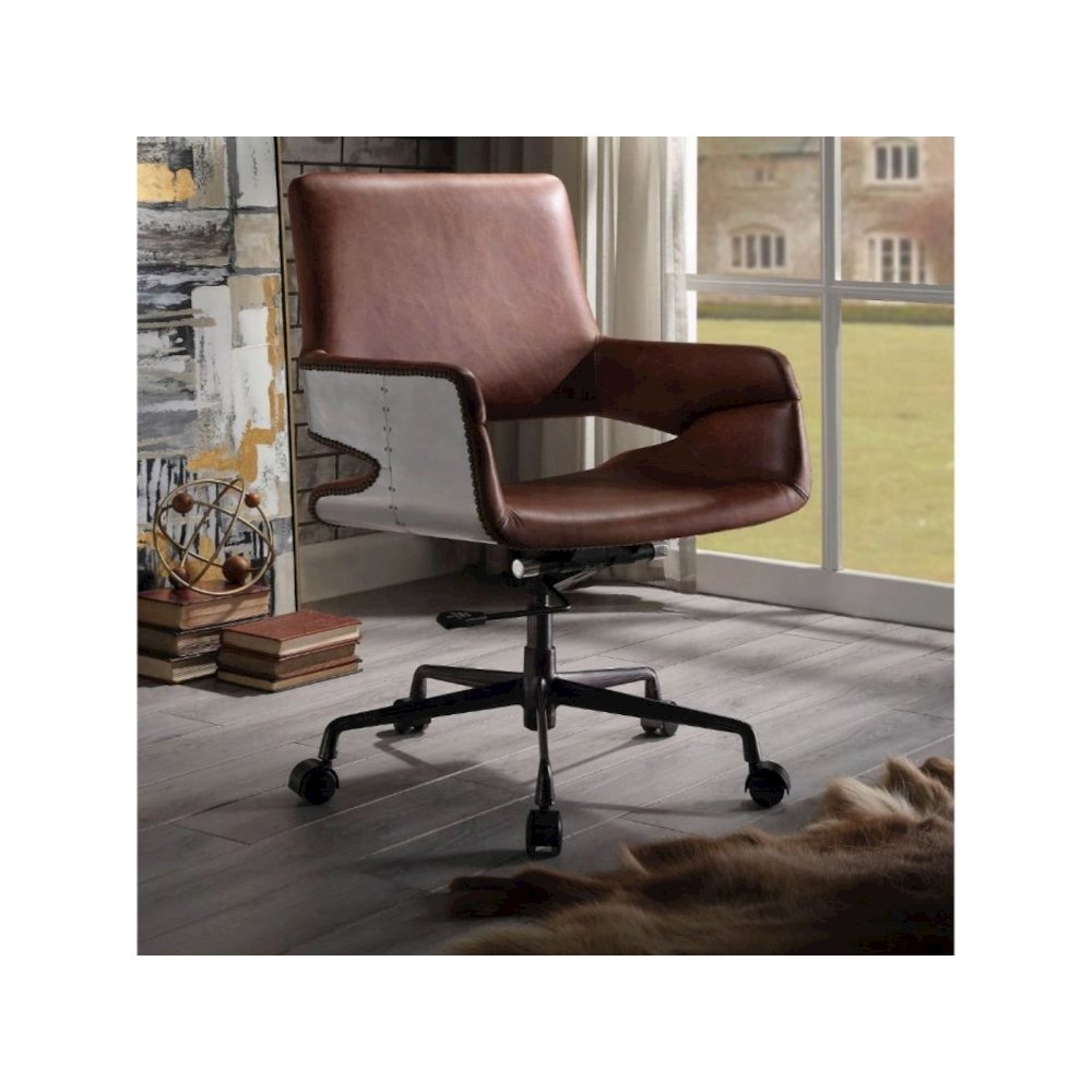 Kamau Swivel Office Chair Vintage Cocoa Top Grain Leather. Picture 2