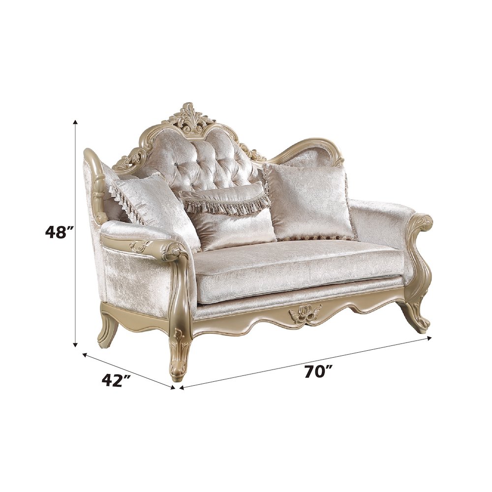 Libertee Loveseat w/3 Pillows in Beige Fabric & Champagne Finish. Picture 5