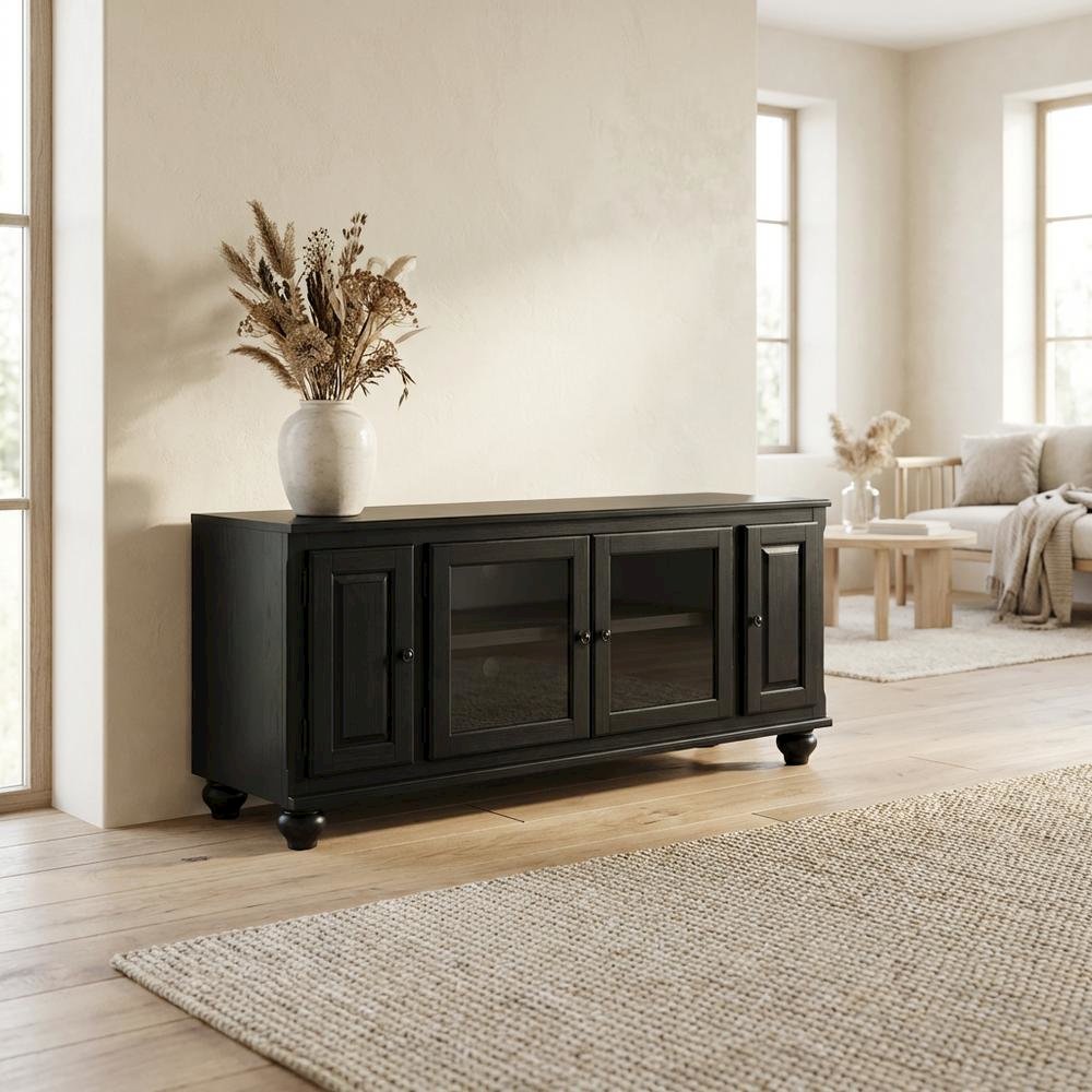 Black wood TV stand with spacious surface and modern design. Picture 3