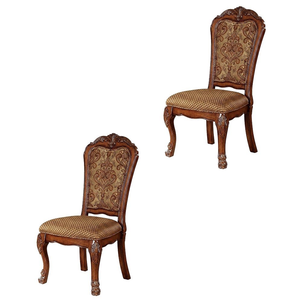 Upholstered Wood Dining Side Chairs, Fabric & Cherry Oak, Set of 2. Picture 1