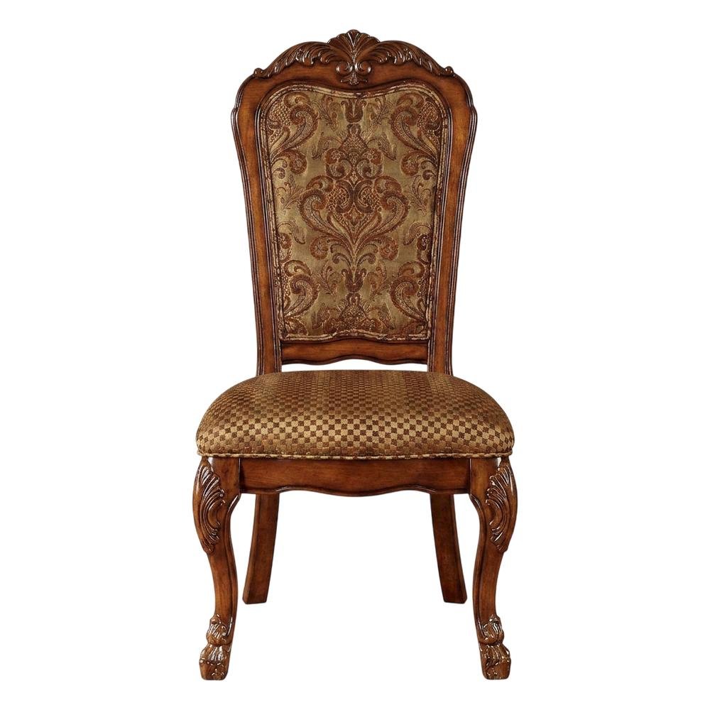Upholstered Wood Dining Side Chairs, Fabric & Cherry Oak, Set of 2. Picture 2