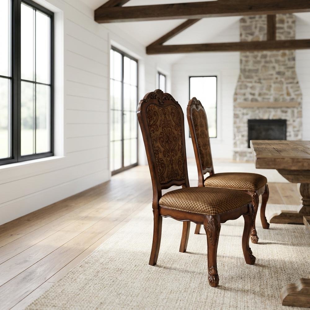 Upholstered Wood Dining Side Chairs, Fabric & Cherry Oak, Set of 2. Picture 3