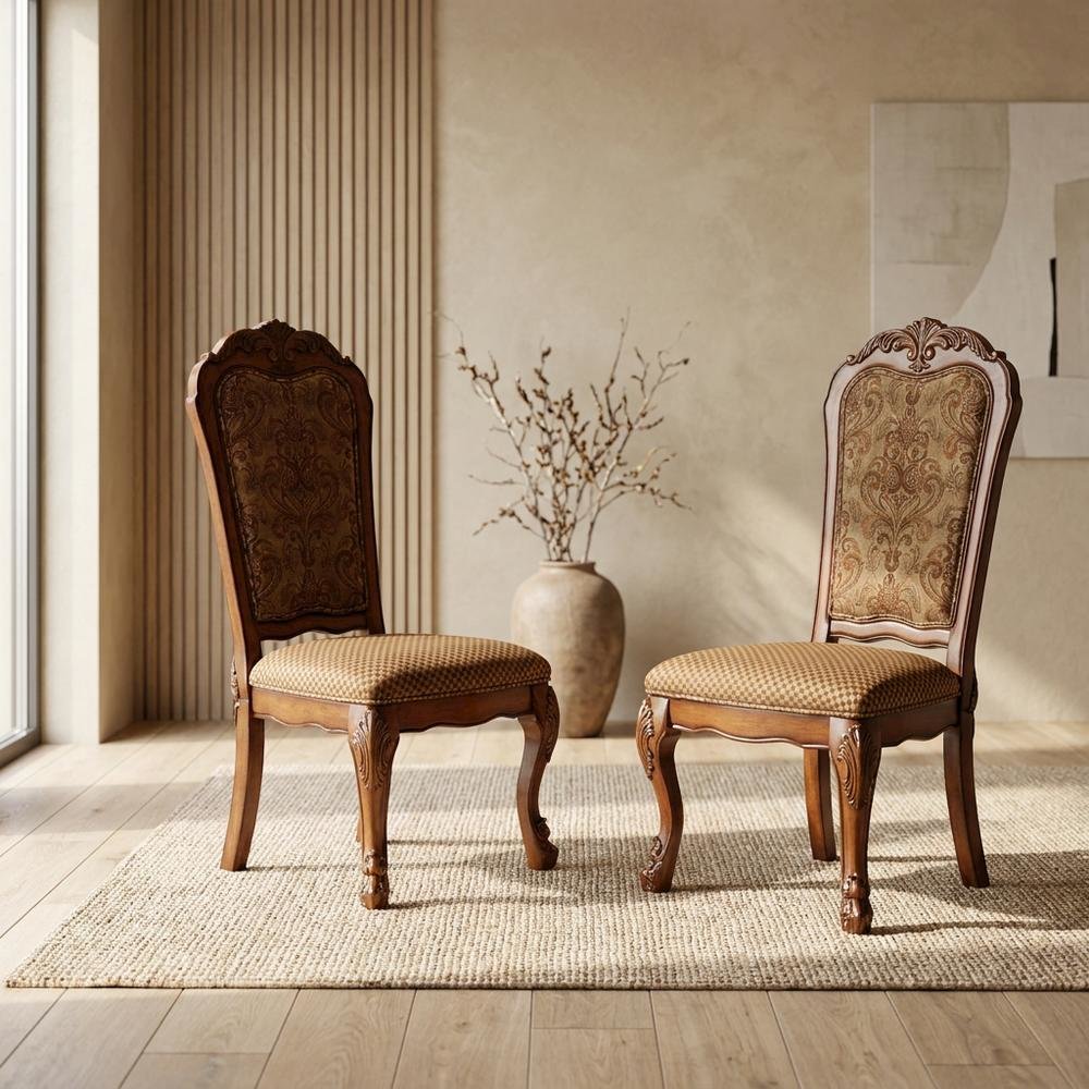 Upholstered Wood Dining Side Chairs, Fabric & Cherry Oak, Set of 2. Picture 4