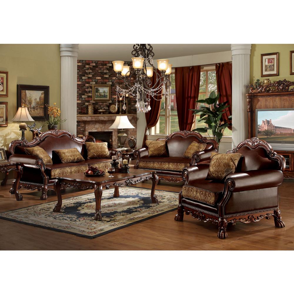Loveseat (w/2 Pillows), Brown PU & Chenille, Cherry Oak 15161. Picture 1