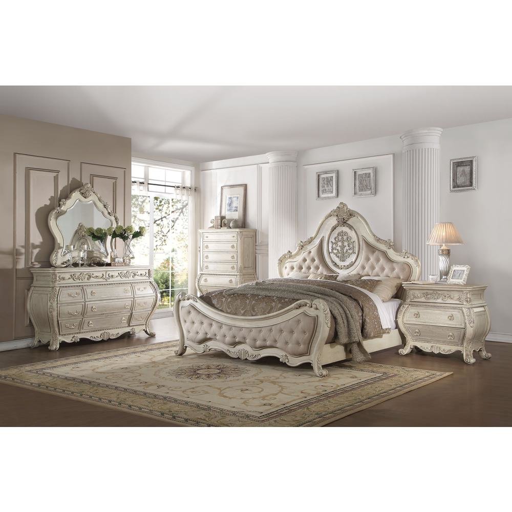 Ragenardus Eastern King Bed Beige Linen & Antique White. Picture 2