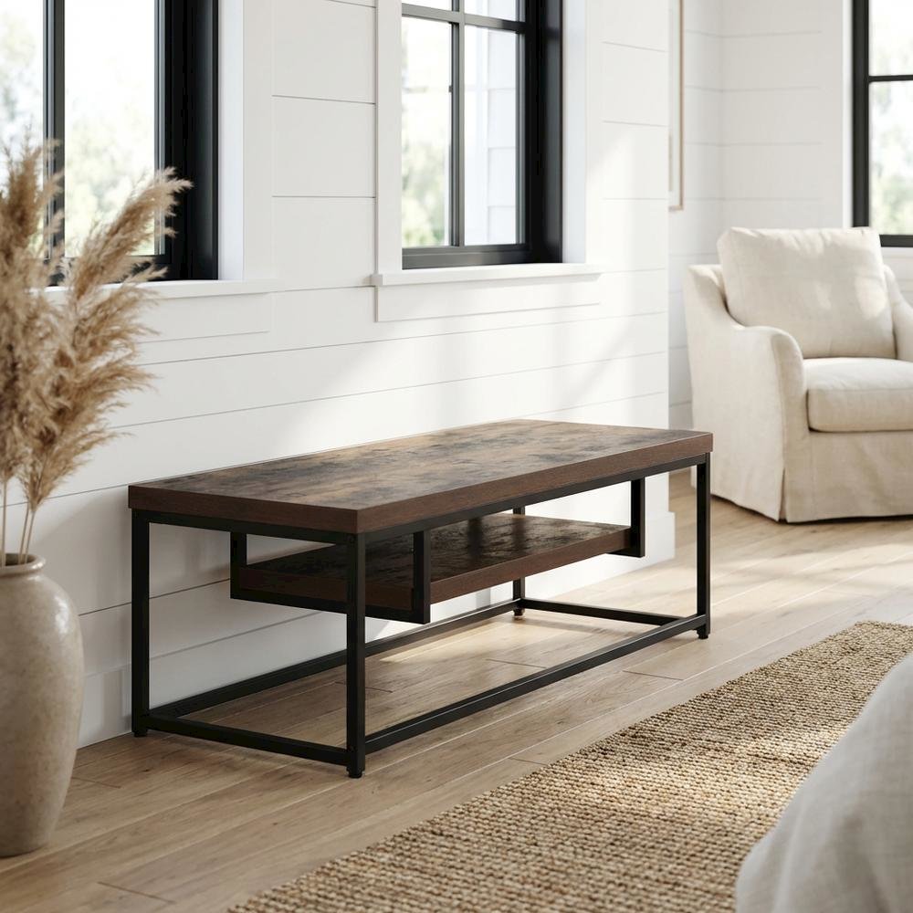 Weathered Oak and Black Metal TV Stand with Storage Compartments. Picture 2