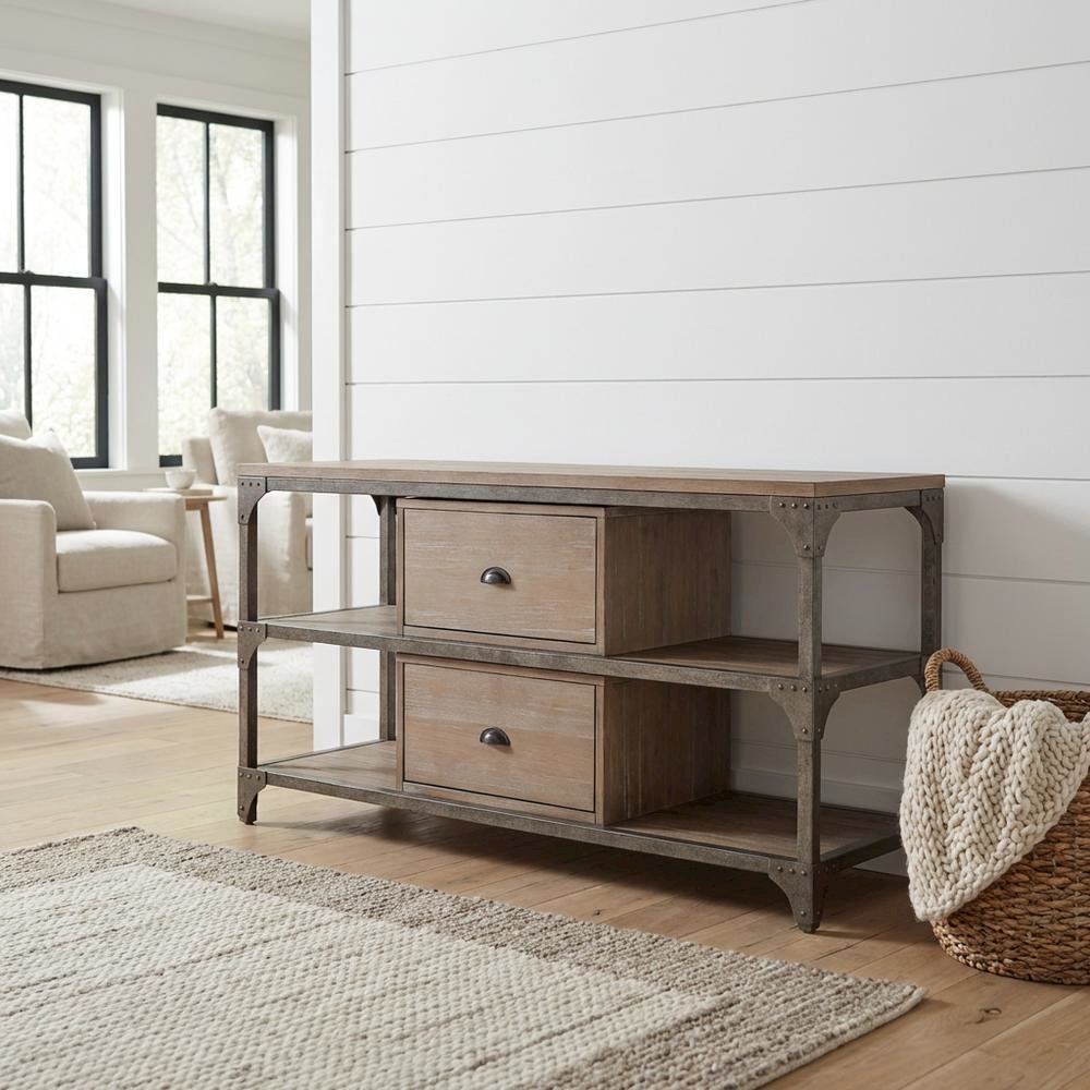 Industrial-style TV stand, Weathered Oak, Antique Silver, metal, wood veneer. Picture 2