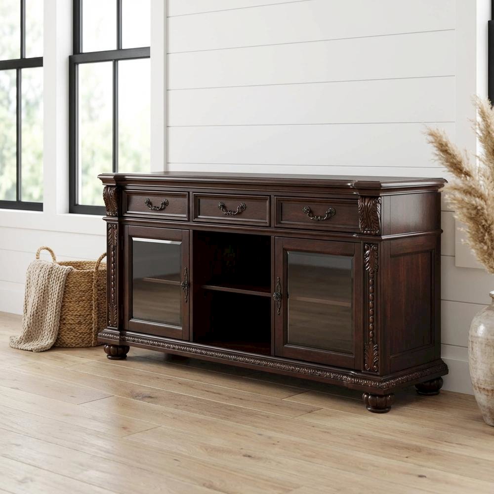 Cherry Wood and Glass TV Stand with Vintage Style and Spacious Design. Picture 2