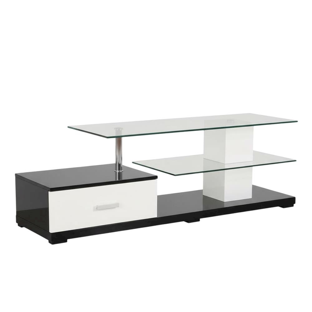 Modern White and Black TV Stand with Glass Shelves and Chrome Frame. Picture 1