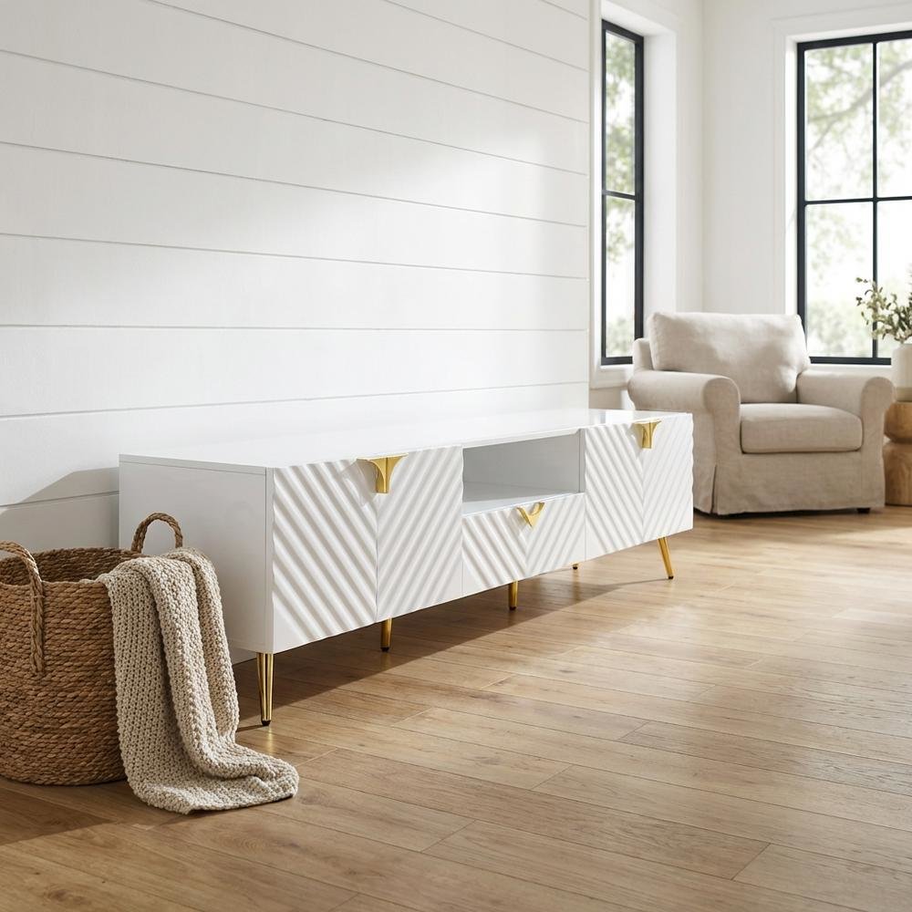 White Gloss Finish TV Stand with Rubberwood and Walnut Veneers for Modern Living. Picture 2