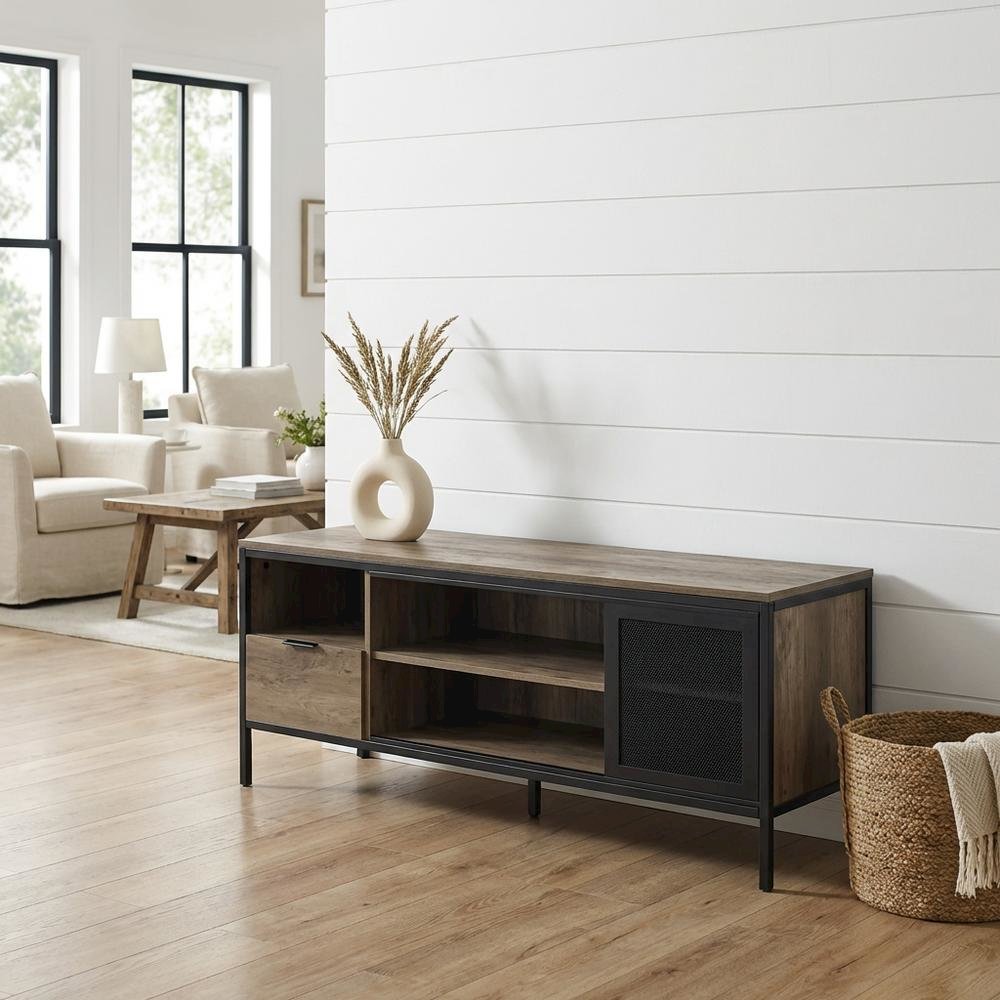 Industrial-style TV stand in Rustic Oak and Black finish with metal accents. Picture 2