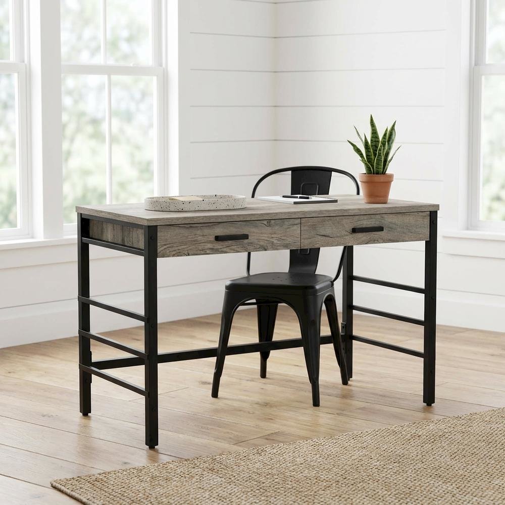 Light Weathered Oak And Black Finish Office Desk With Built-In Usb Port. Picture 2