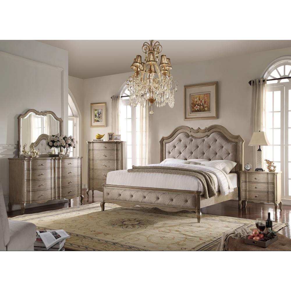 ACME Chelmsford Queen Bed, Beige Fabric & Antique Taupe (1Set/3Ctn). Picture 1