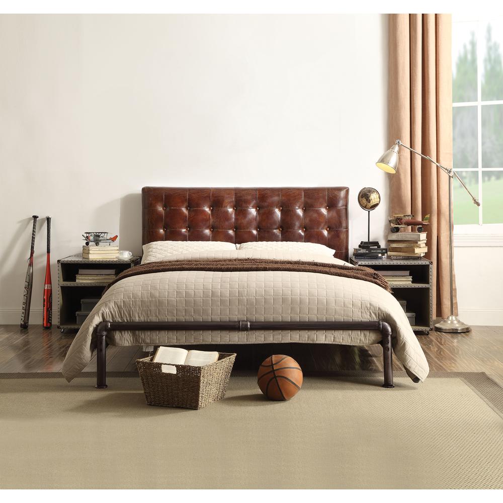 ACME Brancaster Queen Bed, Vintage Brown Top Grain Leather (1Set/3Ctn). Picture 1
