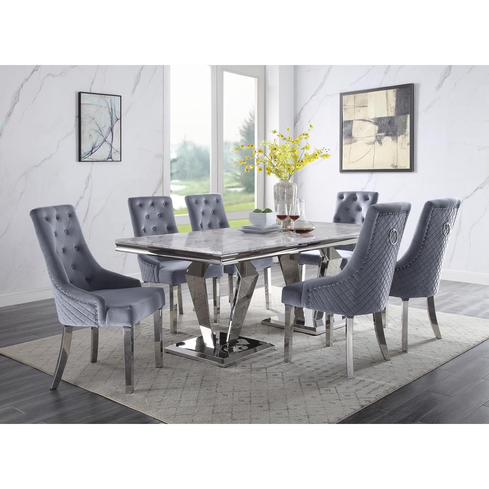 Satinka Dining Table Light Gray Engineered Stone & Mirrored Silver. Picture 1