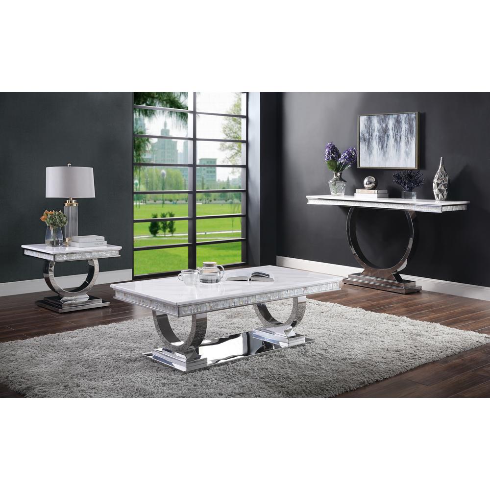 Zander Sofa Table White Engineered Marble & Mirrored Silver. Picture 1