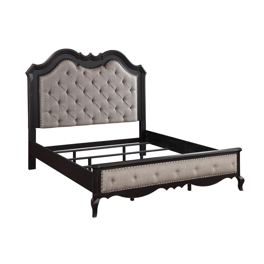 Chelmsford Tufted Fabric & Wood Queen Bed in Beige/Antique Black. Picture 1