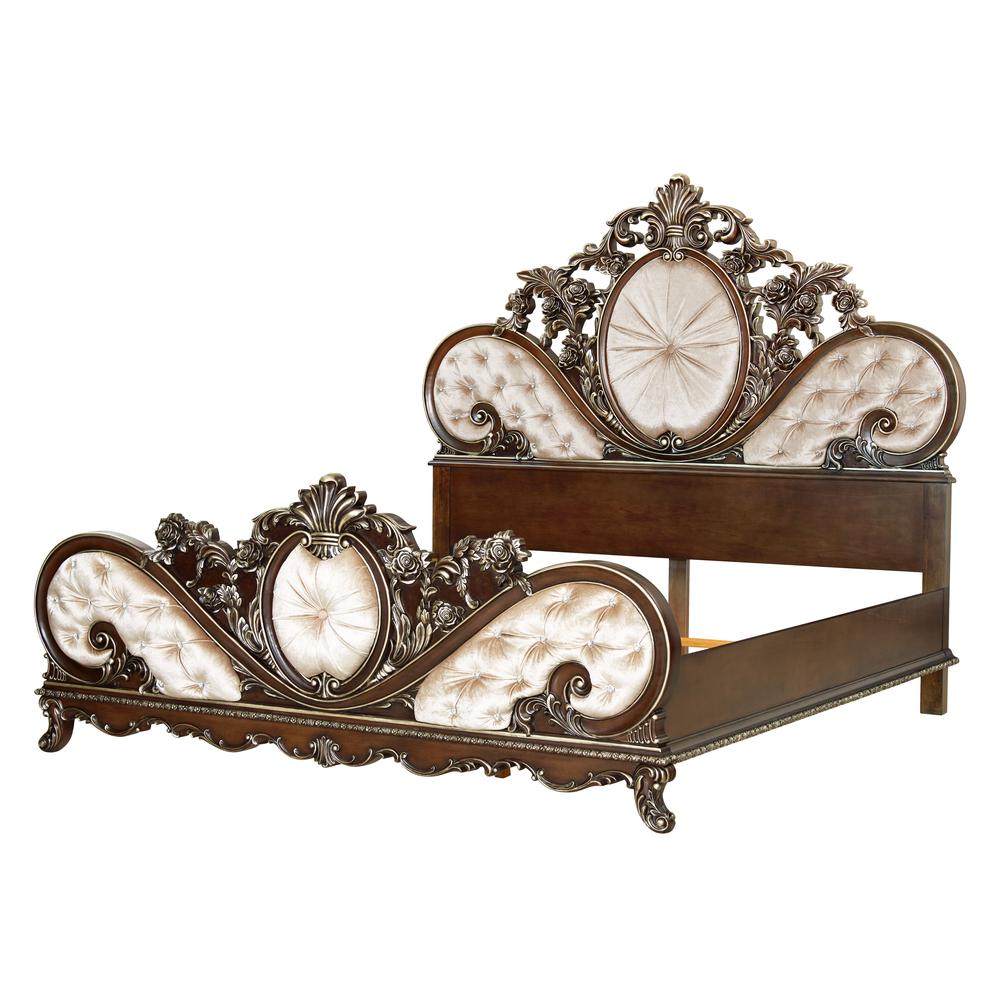 Devany Queen Bed, Cream Fabric & Cherry Finish. Picture 1