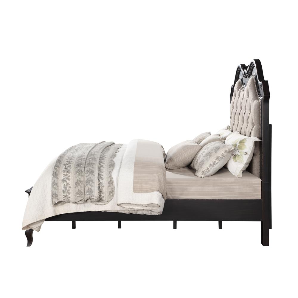 Chelmsford Tufted Fabric & Wood Queen Bed in Beige/Antique Black. Picture 2