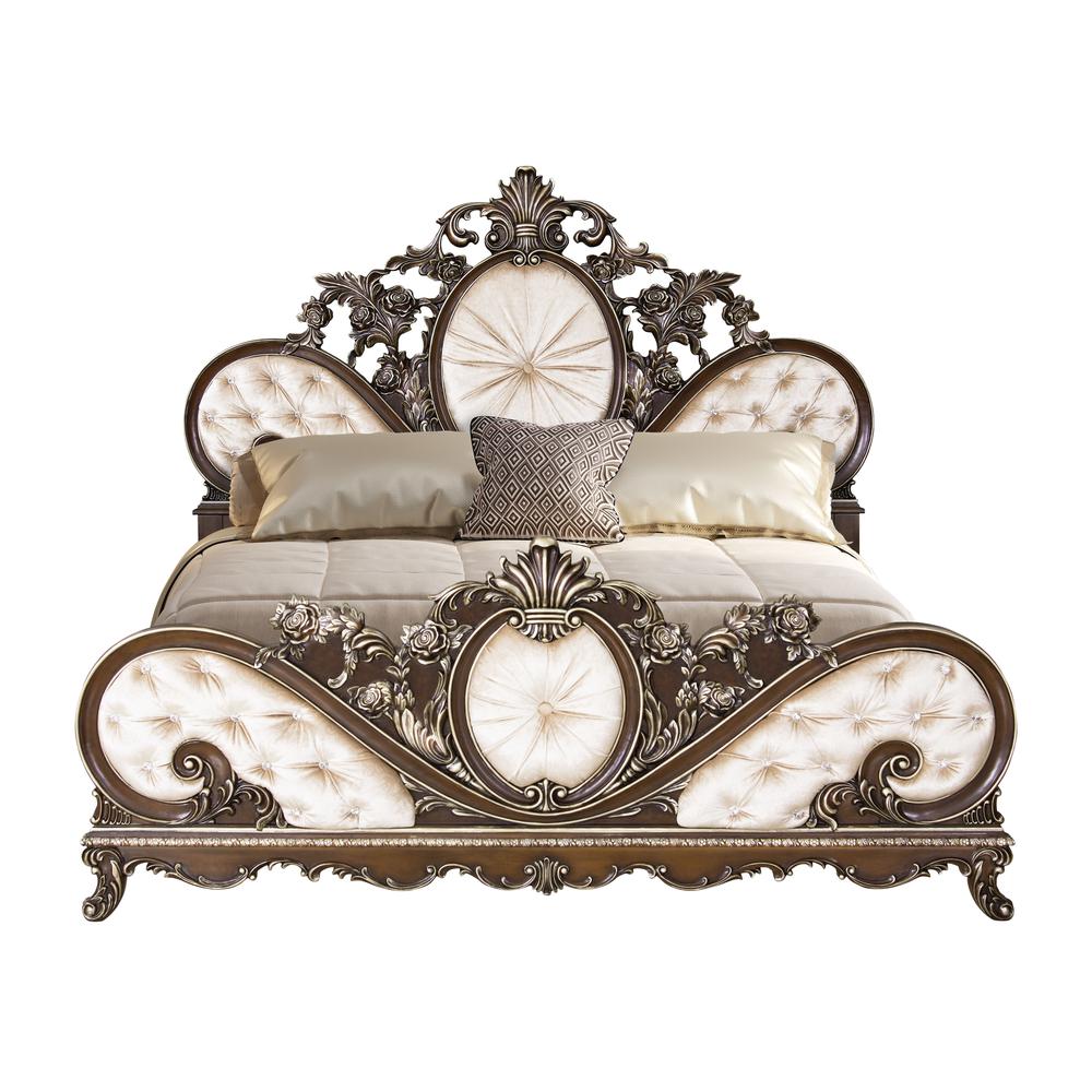 Devany Queen Bed, Cream Fabric & Cherry Finish. Picture 2