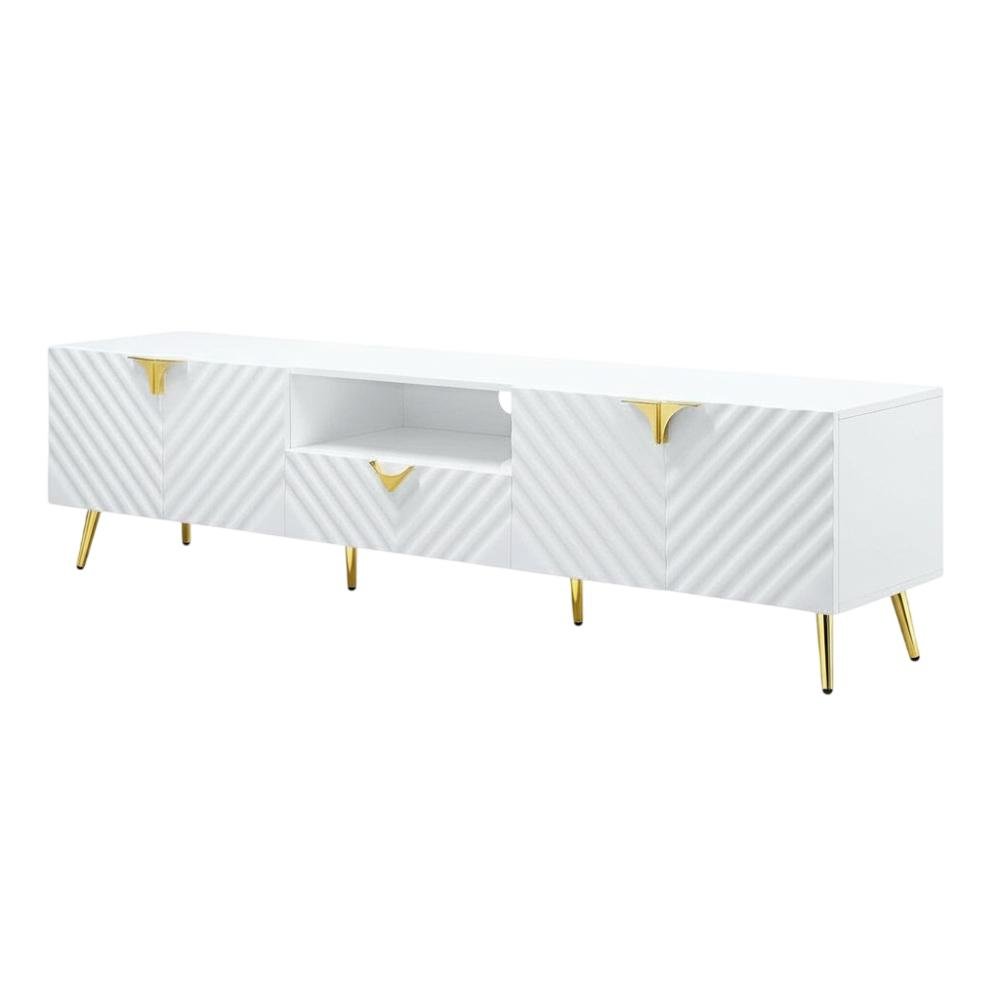 White Gloss Finish TV Stand with Rubberwood and Walnut Veneers for Modern Living. Picture 1