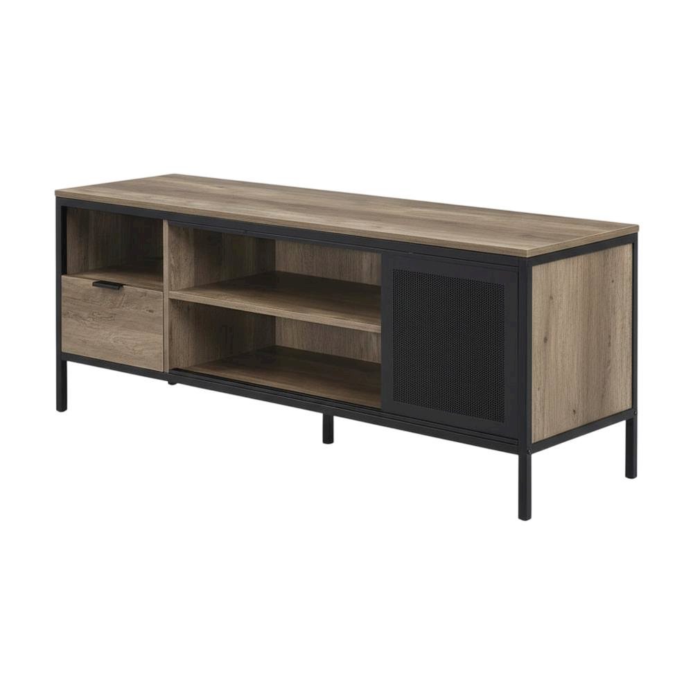 Industrial-style TV stand in Rustic Oak and Black finish with metal accents. Picture 1