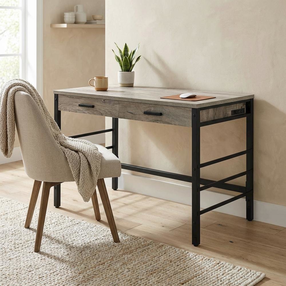 Light Weathered Oak And Black Finish Office Desk With Built-In Usb Port. Picture 3