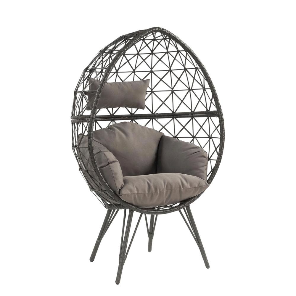 Light Gray Fabric, Black Wicker Patio Lounge Chair For Outdoor Comfort. Picture 1