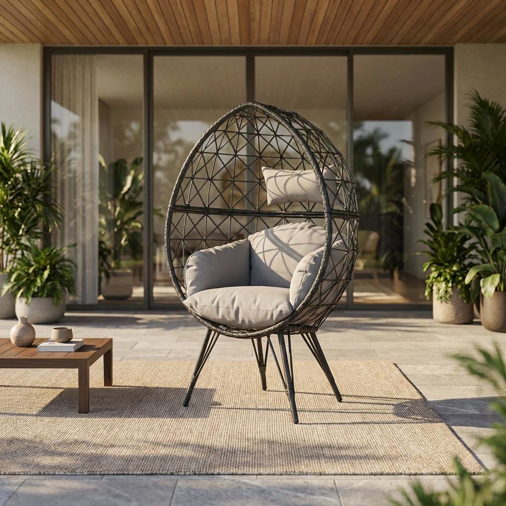 Light Gray Fabric, Black Wicker Patio Lounge Chair For Outdoor Comfort. Picture 2